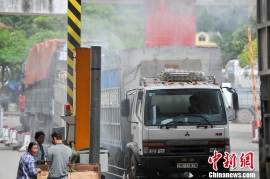 图为越南入境货车接受消毒。 洪坚鹏 摄  